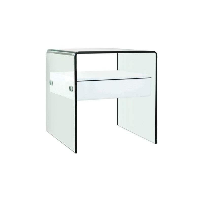 

Mesa CORIN, cristal curvado, cajón blanco, 50x45 cms