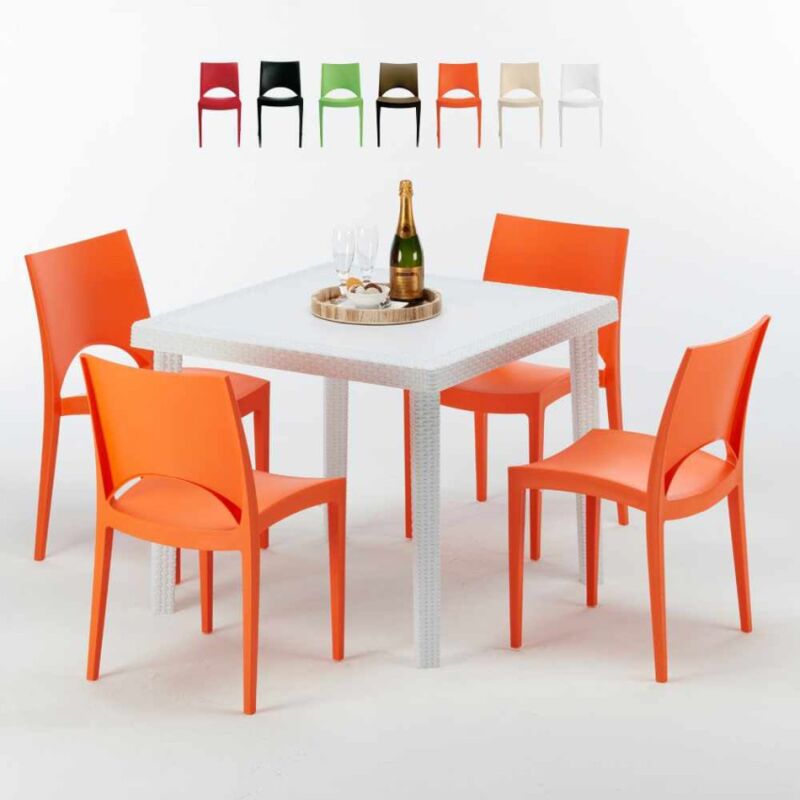 

Mesa Cuadrada Blanca 90x90 cm y 4 Sillas De Colores Paris Love | Naranja