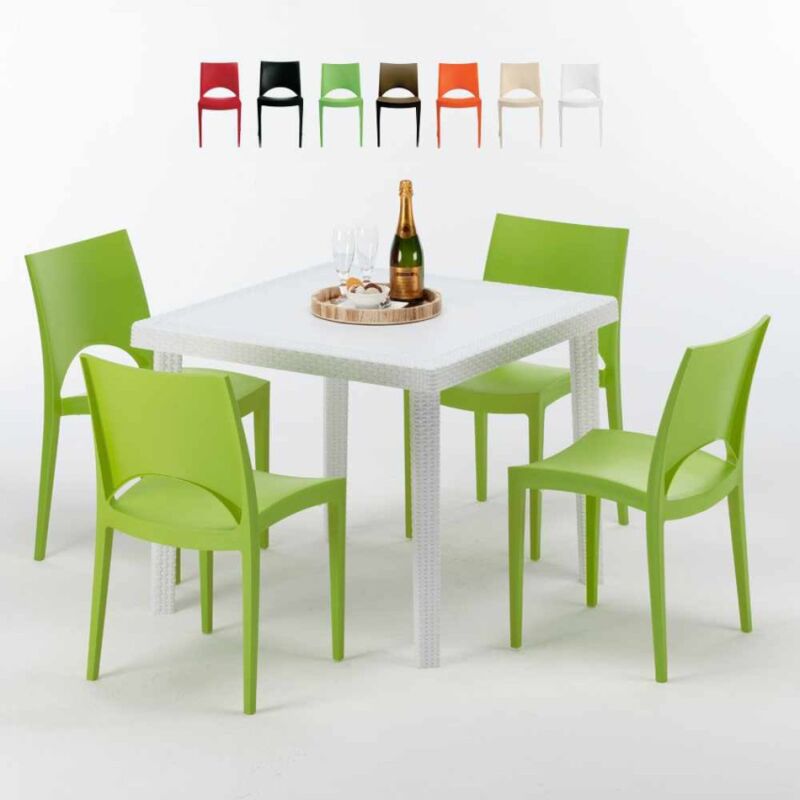 

Mesa Cuadrada Blanca 90x90 cm y 4 Sillas De Colores Paris Love | Verde