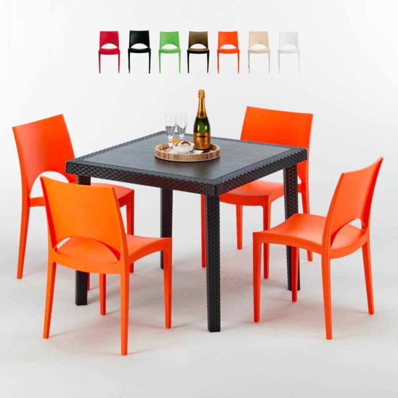 

Mesa Cuadrada Negra 90x90 cm y 4 Sillas De Colores Paris Passion | Naranja