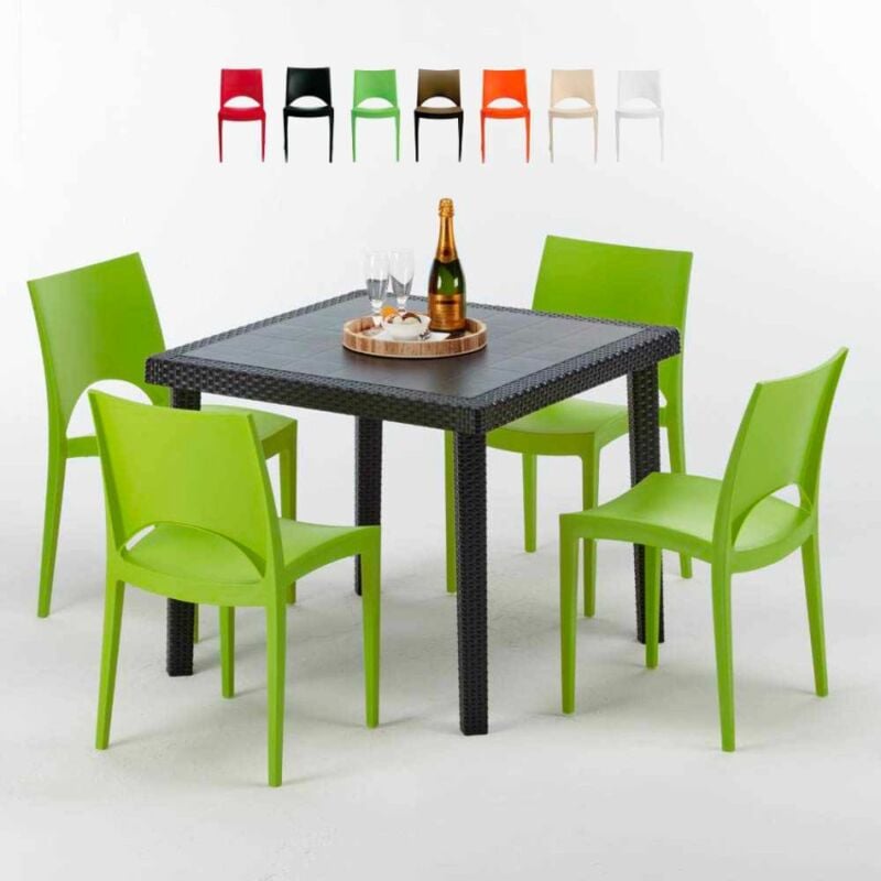 

Mesa Cuadrada Negra 90x90 cm y 4 Sillas De Colores Paris Passion | Verde