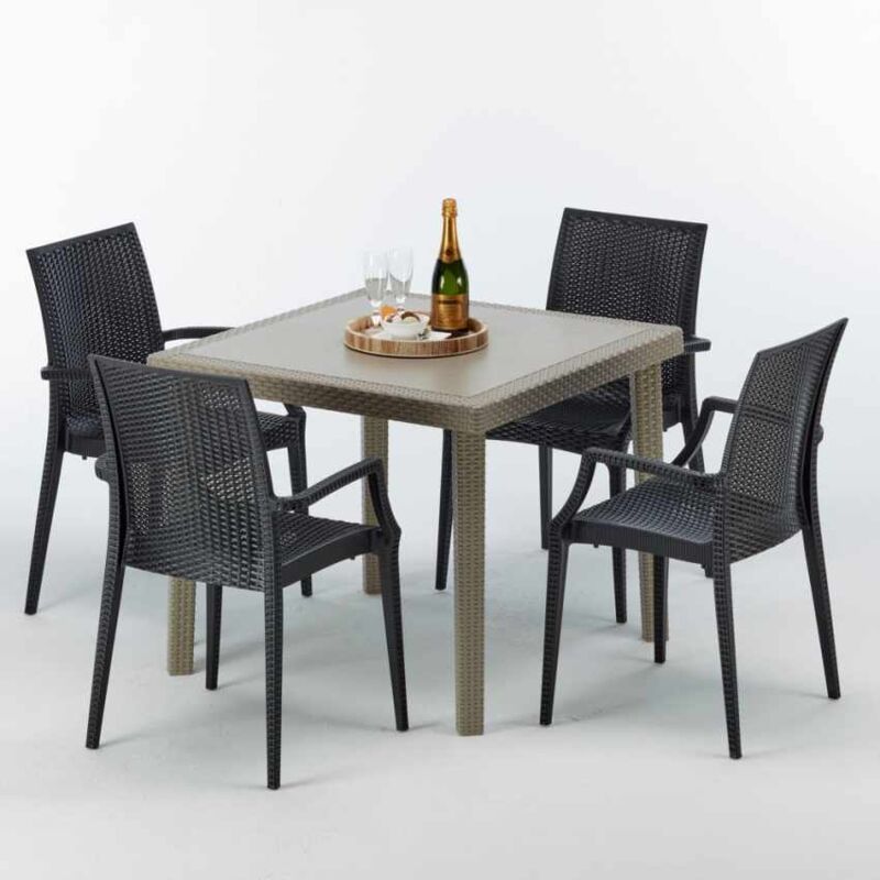 

Grand Soleil - Mesa Cuadrada Beige 90x90 cm y 4 Sillas De Colores Elegance | Bistrot Arm Antracita negra