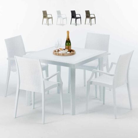 GRAND SOLEIL Mesa Cuadrada Blanca 90x90 cm y 4 Sillas De Colores Bistrot Arm Love Color: Blanco