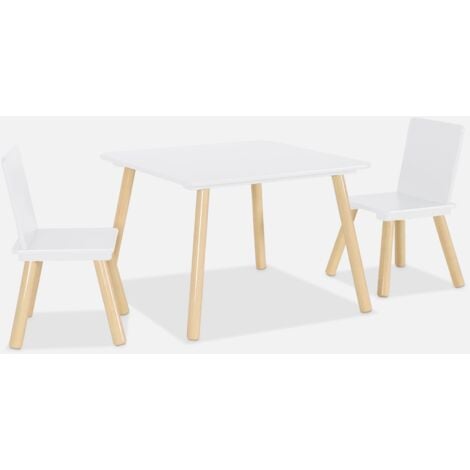SWEEEK Mesa cuadrada infantil de madera de pino, 2 sillas
