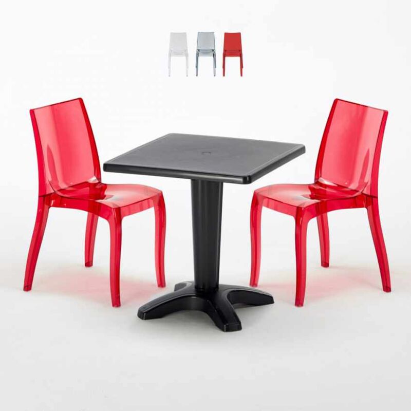 

Mesa Cuadrada Negra 70x70 cm y Sillas De Colores Transparentes Cristal Light Balcony | Rojo Transparente