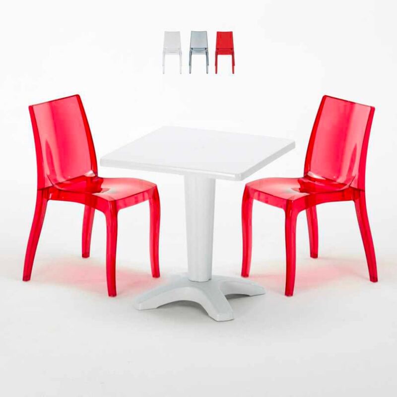 

Mesa Cuadrada Blanca 70x70 cm y Sillas De Colores Transparentes Cristal Light Terrace | Rojo Transparente
