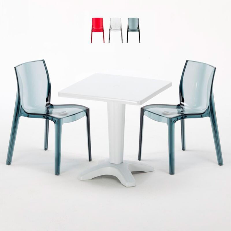 

Grand Soleil - Mesa Cuadrada 70x70 cm y 2 Sillas De Colores Transparentes Caffè | Femme Fatale Antracita negra transparente - Blanco