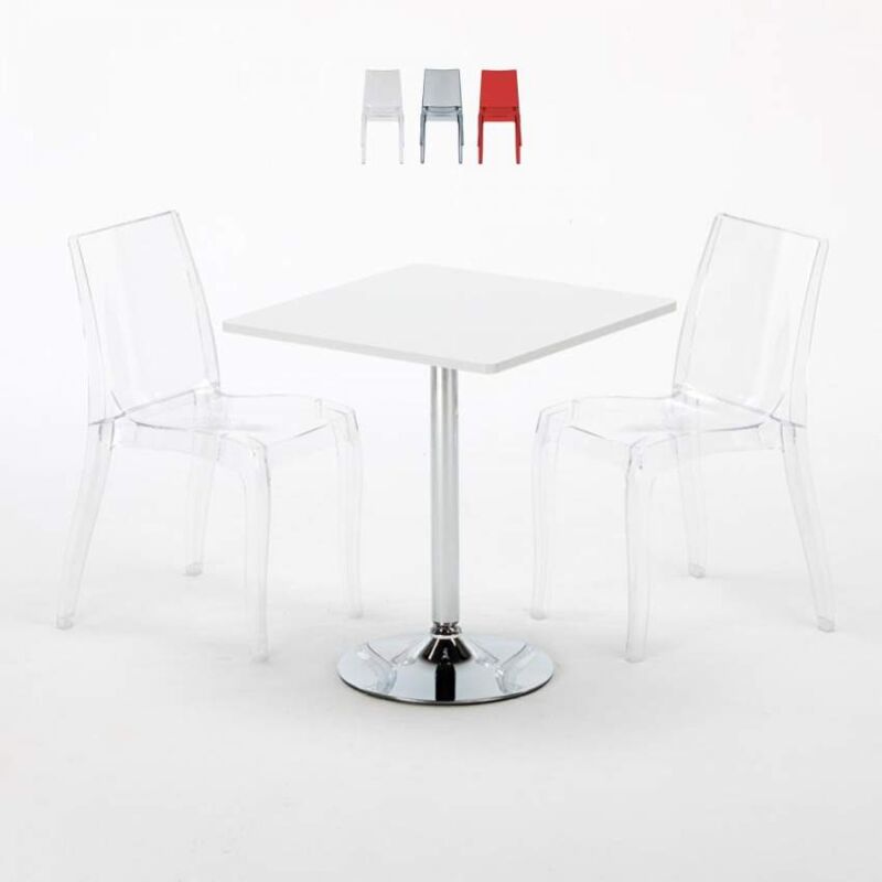 

Grand Soleil - Mesa Cuadrada Blanca 70x70 cm y Sillas De Colores Transparentes Cristal Light Titanium | Color: Transparente