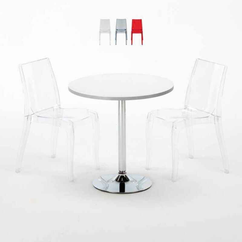 

Grand Soleil - Mesa Redonda Blanca 70x70 cm y 2 Sillas De Colores Transparentes Cristal Light Silver | Color: Transparente