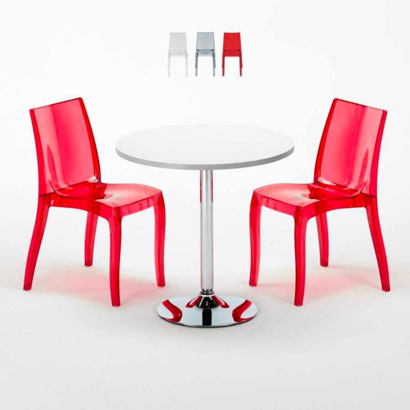 

Grand Soleil - Mesa Redonda Blanca 70x70 cm y 2 Sillas De Colores Transparentes Cristal Light Silver | Color: Rojo Transparente