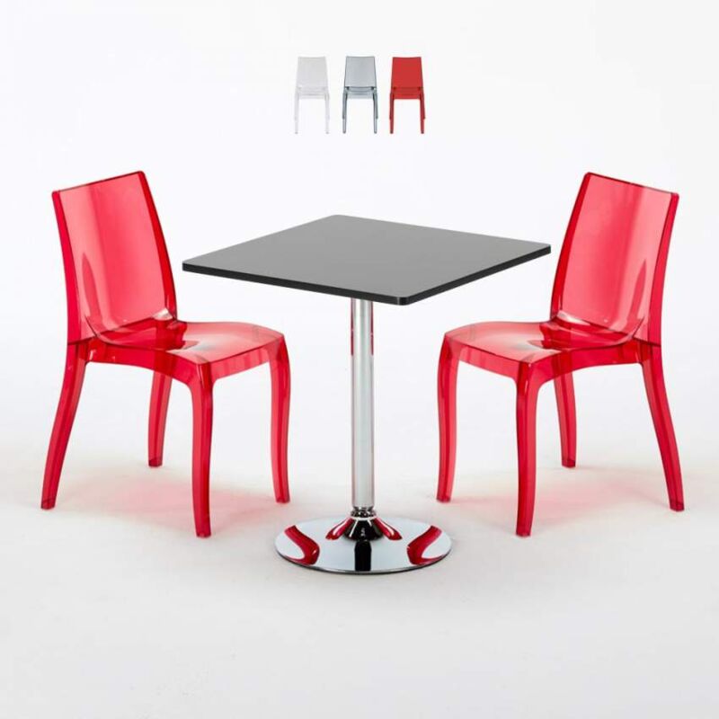 

Grand Soleil - Mesa Cuadrada Negra 70x70 cm y 2 Sillas De Colores Transparentes Cristal Light Platinum | Color: Rojo Transparente