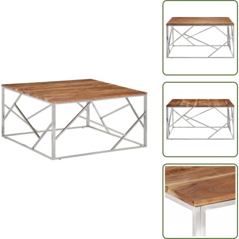 Mesa de acacia - vidaXL Mesa de centro acero inoxidable y madera maciza acacia plateado - Mesa de centro plateada