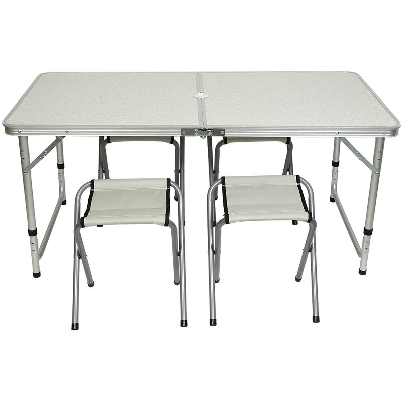 

Wyctin - Mesa de aluminio plegable XXL 4 taburetes plegables función de maleta Camping transporte fácil Gris/Blanco jardín Gris