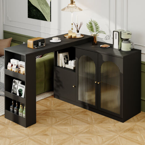 Mesa de bar giratoria 360°, armario de almacenamiento multifuncional con puertas de cristal, 120 x 40 x 97 cm, color negro.