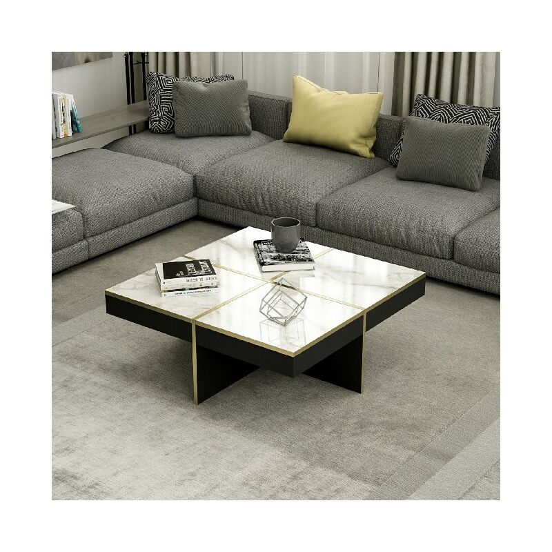 

Mesa de cafe Diamond - con estantes - Sala de estar - Blanco, Negro, Oro en Aglomerado de melamina, 90 x 90 x 35 cm, -