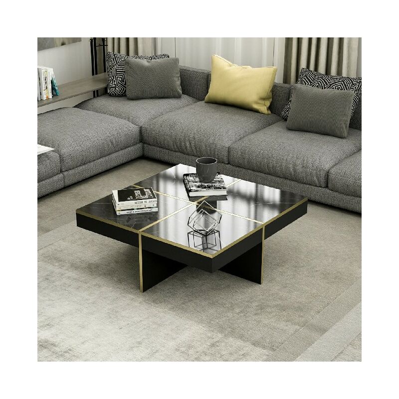 

Mesa de cafe Diamond - con estantes - Sala de estar - Negro, Oro en Aglomerado de melamina, 90 x 90 x 35 cm, -