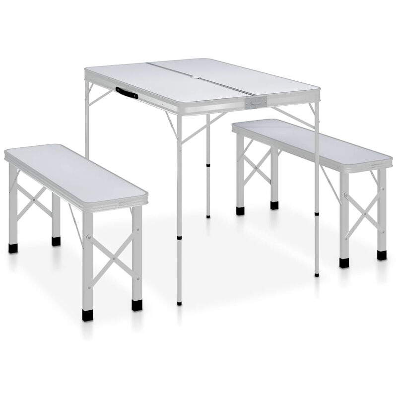 

Mesa de camping plegable con 2 bancos aluminio blanco