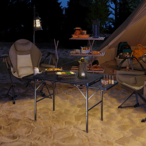 Mesa de Camping Plegable con Laterales Abatibles Altura Ajustable y Encimera Metálica de Rejilla 137x62x67 cm Negro