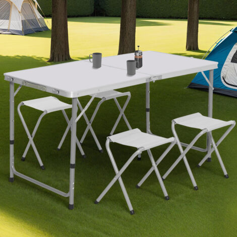 Mesa de camping regulable en altura con 4 taburetes plegables