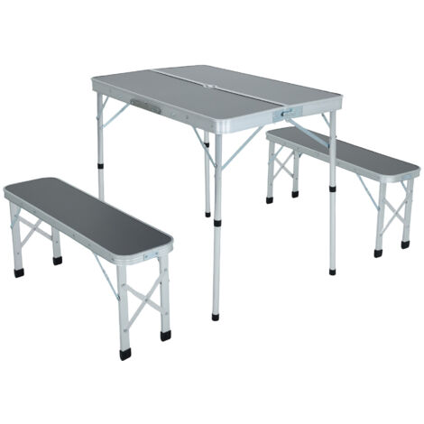 Mesa de camping ROI con 2 bancos plegables en color Gris
