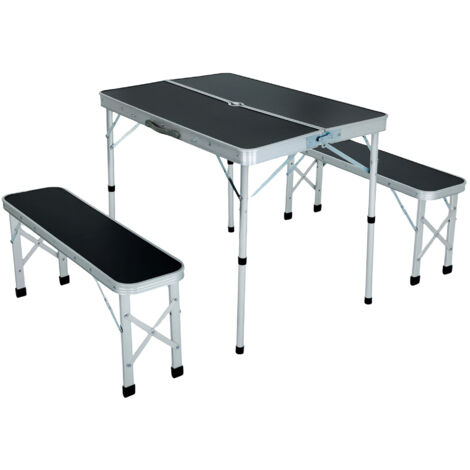 Mesa de camping ROI con 2 bancos plegables en color Negro