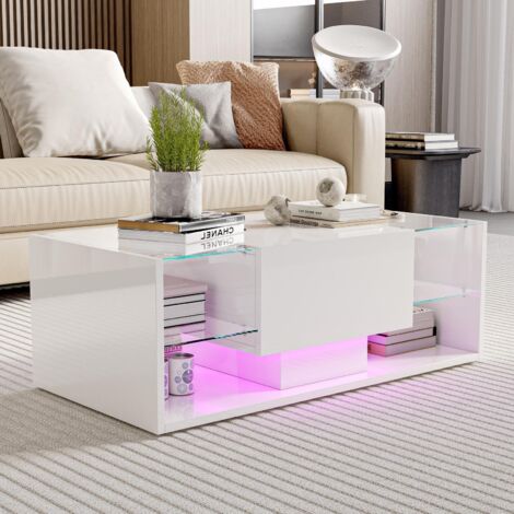 Mesa de centro - 100 x 50 x 35 cm - con iluminación LED RGB, espacio de almacenamiento, cajón y cristal templado - Diseño lacado - Blanco
