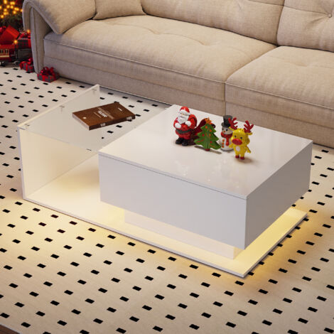Mesa de centro 100x50x32 cm con LED brillante vidrio anti rayones cajón blanco adecuado para el salón