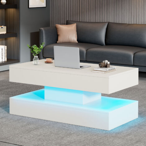 Mesa de centro 100x50x42cm Superficie regulable en altura Iluminación LED control Bluetooth almacenamiento oculto tablero de partículas color Blanco