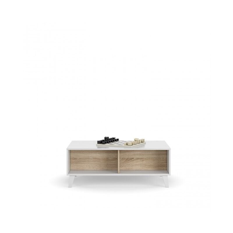 

Mesa de centro 100x68 cm Blanco brillante y roble canadiense con tablero elevable | roble y blanco