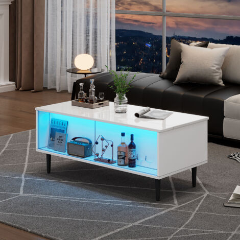 Mesa de centro 105x50x43 cm regulable en altura con luz LED tablero de cristal templado, blanca