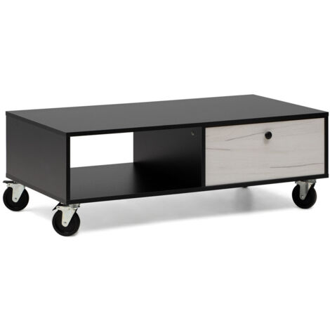 Mesa de Centro 110x55x38 negro y gris, con cajón, balda abierta y ruedas industriales