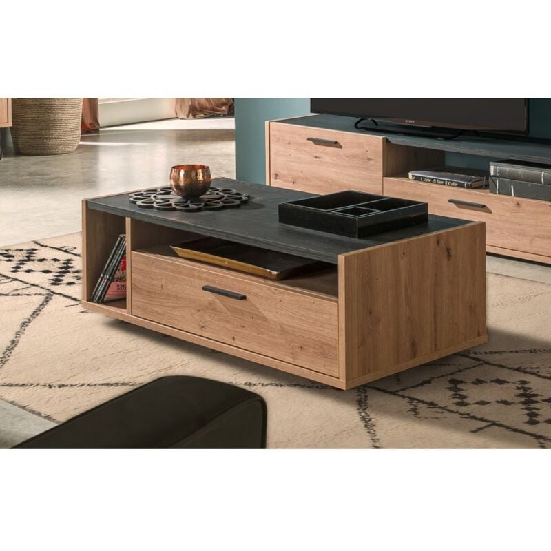 

Mesa de centro 110x60 cm roble natural y negro con un cajón y dos compartimentos | Roble y negro