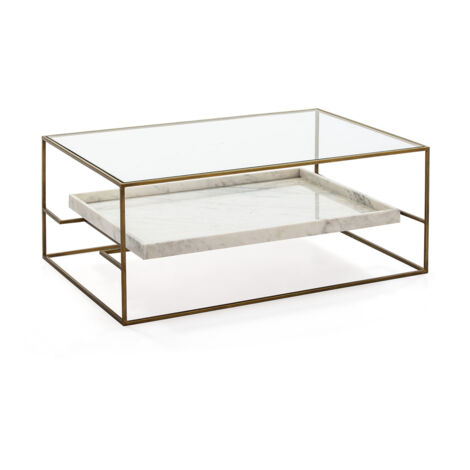Mesa De Centro 111X76X45 Cristal/Marmol Blanco/Metal Dorado