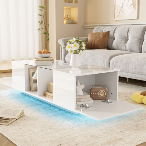 Mesa de centro 120x50x38.5 cm diseño moderno Iluminación LED de 16 colores cristal tablero de partículas MDF Blanca