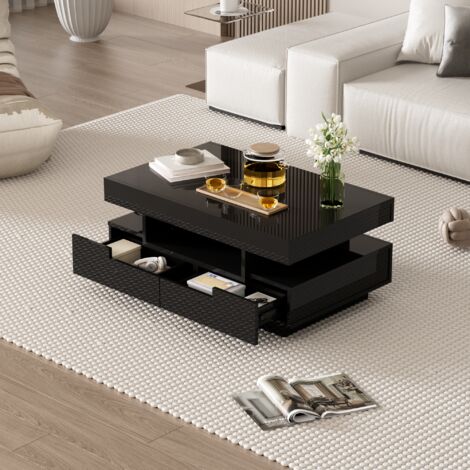 Mesa de centro 80x50x36 cm con tira de luz LED cuatro cajones amplio espacio de almacenamiento superficie negro brillante