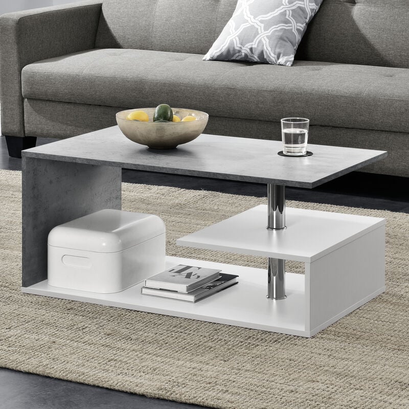 

Mesa de centro - 90cm x 50cm x 41cm - Mesa de café - Mesa Auxiliar para salón - Blanco y Aspecto de hormigón