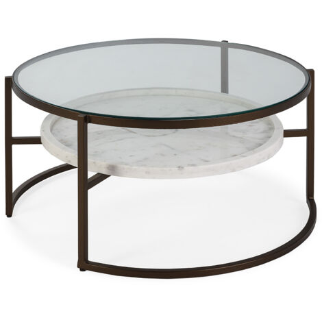 Mesa De Centro 92X92X45 Cristal/Metal Bronce/Marmol Blanco