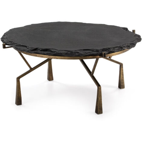 Mesa De Centro 95X95X41 Piedra Negro/Metal Dorado Antique