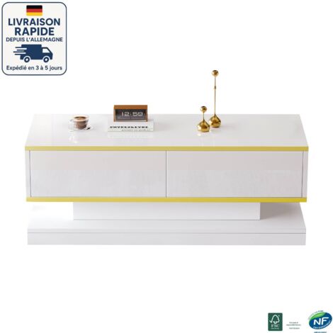 Mesa de centro - Acabado dorado - 100x50x38cm - 2 cajones grandes - Superficie brillante fácil de limpiar - Blanco