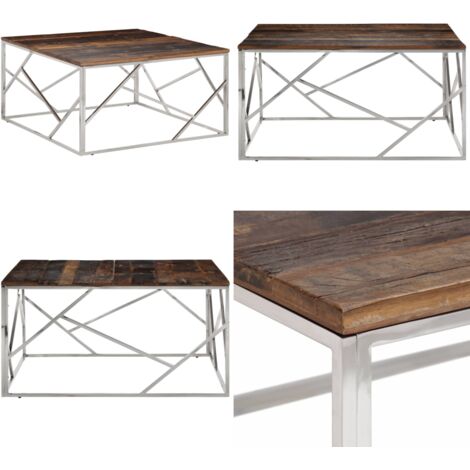 Mesa de centro acero inoxidable madera maciza traviesa plateado - Mesa de salón - Mesa de centro de acero inoxidable