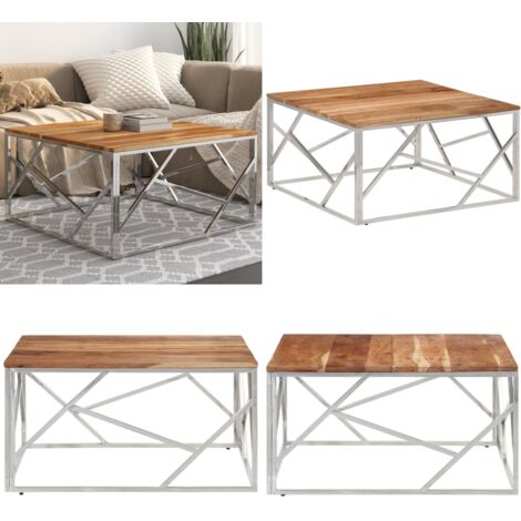 Mesa de centro acero inoxidable plateado y madera maciza acacia - Mesa de salón - Mesa de acero inoxidable