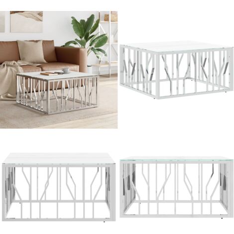 Mesa de centro acero inoxidable y vidrio plateado 80x80x40 cm - Mesa de salón - Mesa de centro plateada