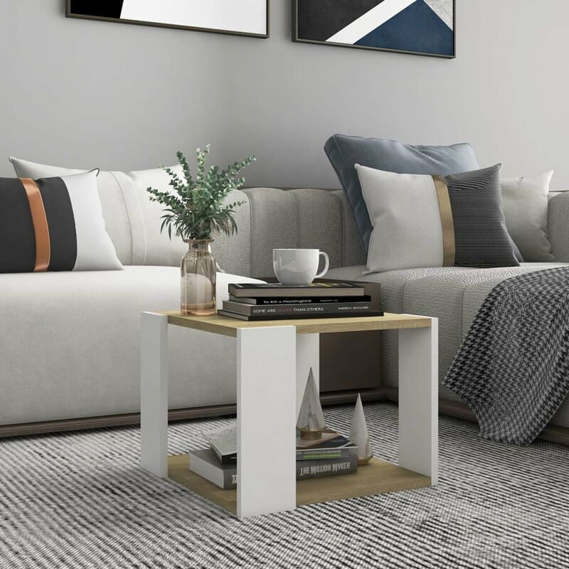 

Happyshopping - Mesa de centro aglomerado roble Sonoma y blanco 40x40x30 cm