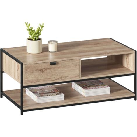 MOBILIBRICO Mesa de centro Aliaj con 1 Cajón Acero Estilo Industrial Negro y Roble Claro 100x50 cm