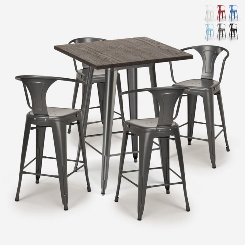 

Ahd Amazing Home Design - Mesa de centro alta de madera 60x60cm 4 taburetes tolix industrial de metal Bruck | Gris Oscuro