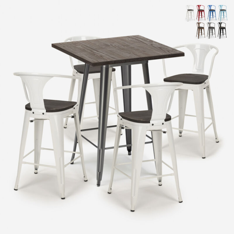 

Mesa de centro alta de madera 60x60cm 4 taburetes tolix industrial metal Bruck Wood | Color: Blanco
