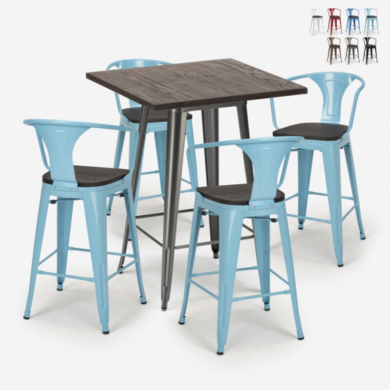 

Mesa de centro alta de madera 60x60cm 4 taburetes tolix industrial metal Bruck Wood | Color: Azul