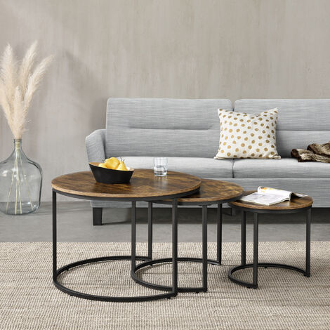 Mesa de Centro Arvidsjaur set de 3 mesas aglomerado y acero - Negro y Efecto Madera [en.casa]
