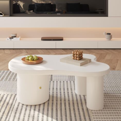 Mesa de centro asimétrica moderna, diseño minimalista blanco con MDF y base texturizada, ideal para salón, oficina y dormitorio (100 × 60 × 37 cm).