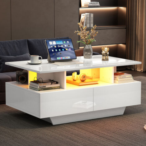Mesa de centro blanca brillante, mesa auxiliar con iluminación LED y 2 cajones, 90x55x41 cm